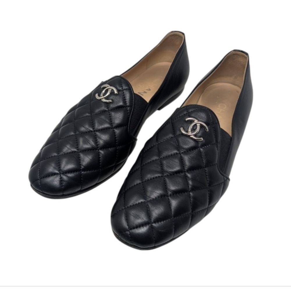 CHANEL Black Quilted Leather Slip-On Loafers with Silver CC
